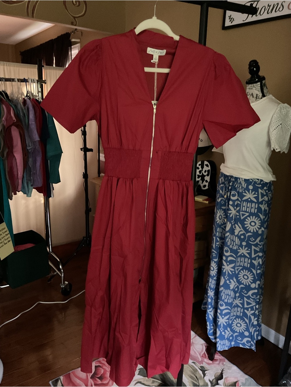 She + Sky Red Zip-Front Maxi Dress with Shirred Waist